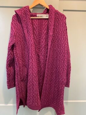 Aran Crafts Hooded Irish Open Cardigan Sweater - Magenta
